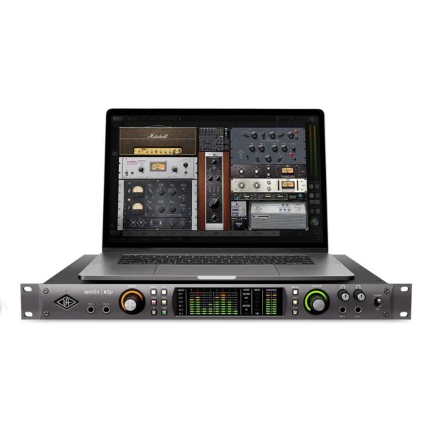 Universal Audio Apollo x8p Heritage Edition Thunderbolt 3 Audio Interface - Top Panel View with Laptop loaded with UAD plugins Universal Audio Apollo x8p Heritage Edition Thunderbolt 3 Audio Interface