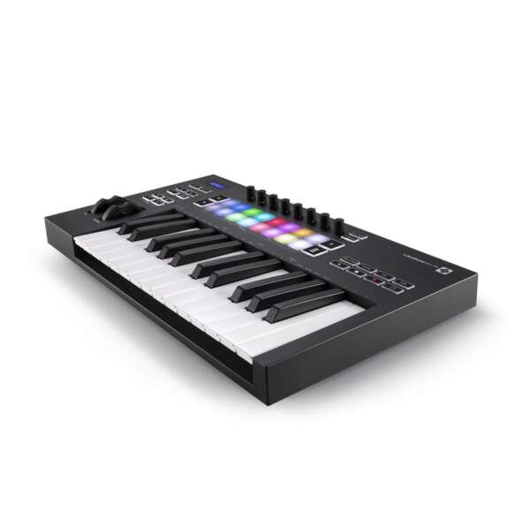 Novation Launchkey 25 MK3 25-key MIDI Keyboard Controller - Top Front Right Side View Novation Launchkey 25 MK3 25-key MIDI Keyboard Controller - Top Front Right Side View