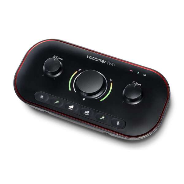 Focusrite Vocaster Two USB-C Audio Interface - Top Right View Focusrite Vocaster Two USB-C Audio Interface - Top Right View